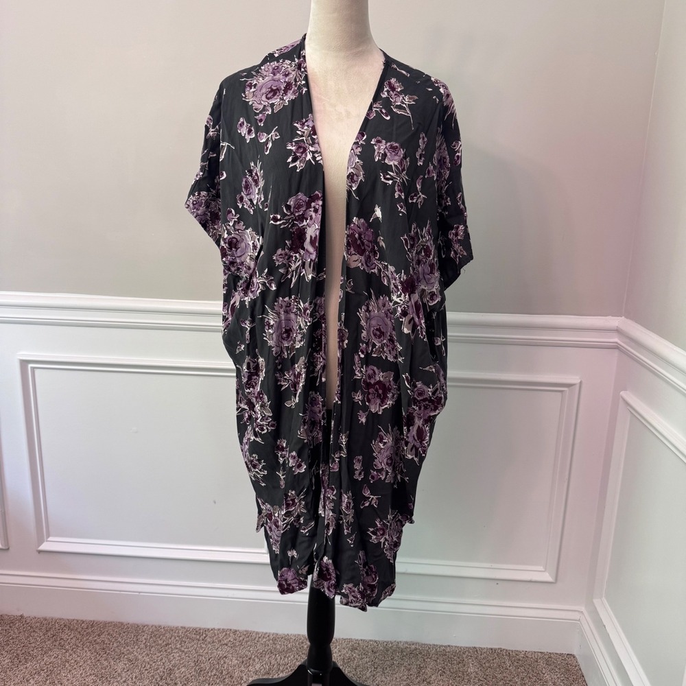 Womens Floral Open Front Kimono Wrap Purple Rose Oversized Cardigan Cover Up